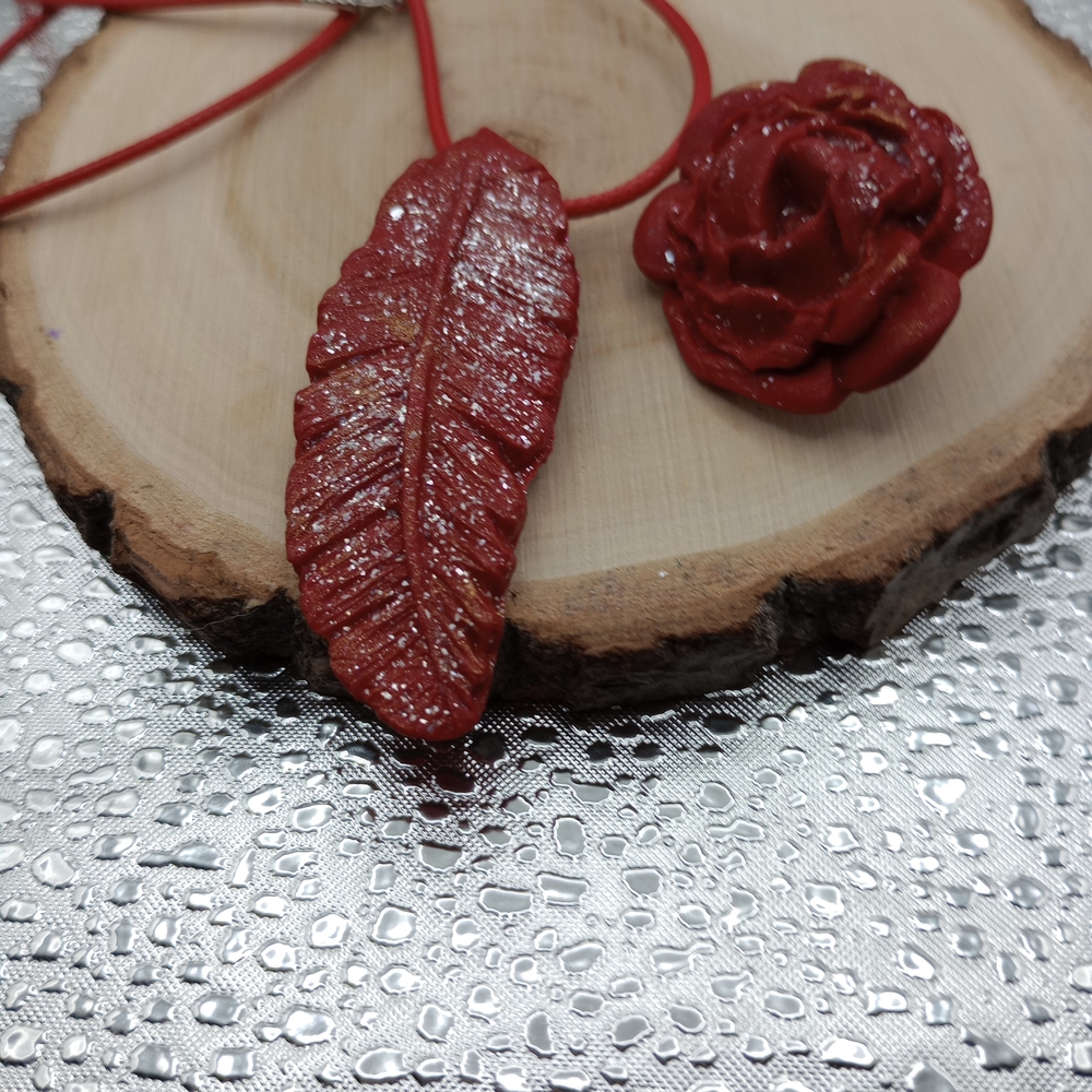 Red Leaf and Rose Pendant Necklace